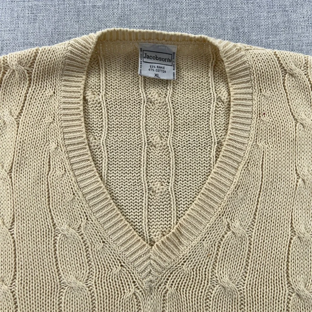 Vintage 90s Jacobson's Cream Cable Knit V-Neck Sweater Vest Ramie Cotton Grandpa